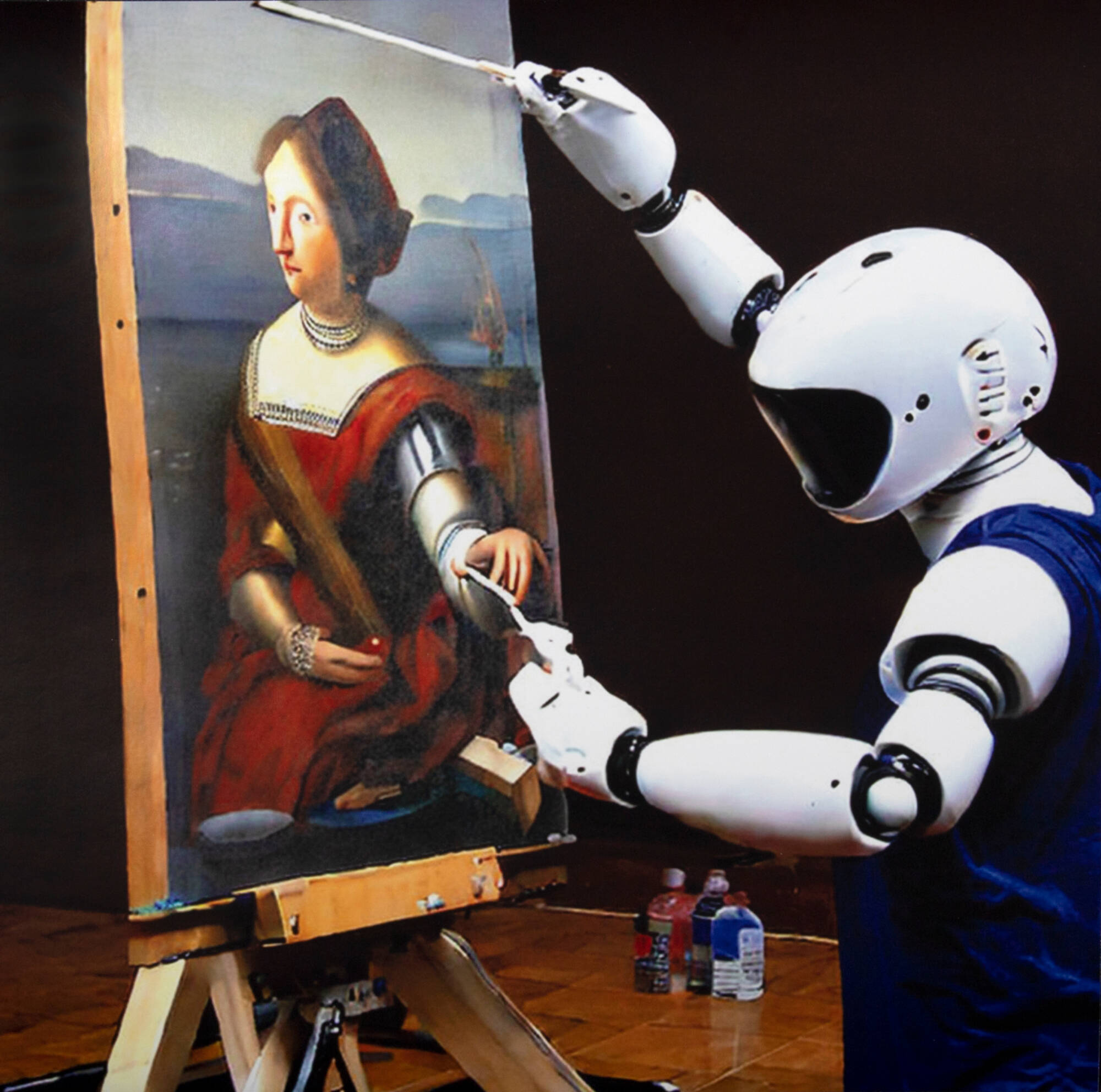 Print of a robot painting a canvas. The robot is mostly white with a blue tunic. It has one paintbrush near the top of the canvas and the other at the bottom. The painting is of a woman.